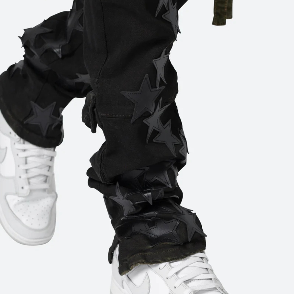 MNML Green Cargo Pants with Black Star Accents - Picture 4 of 12